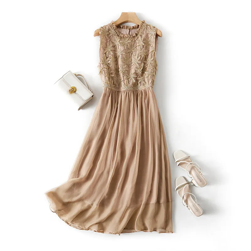 Final Few Embroidered Long Silk Dress with Round Neckline  Almost Gone!