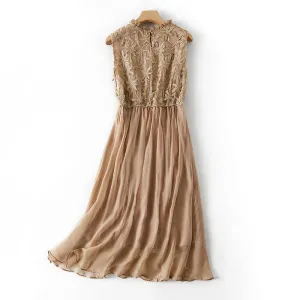 Final Few Embroidered Long Silk Dress with Round Neckline  Almost Gone!