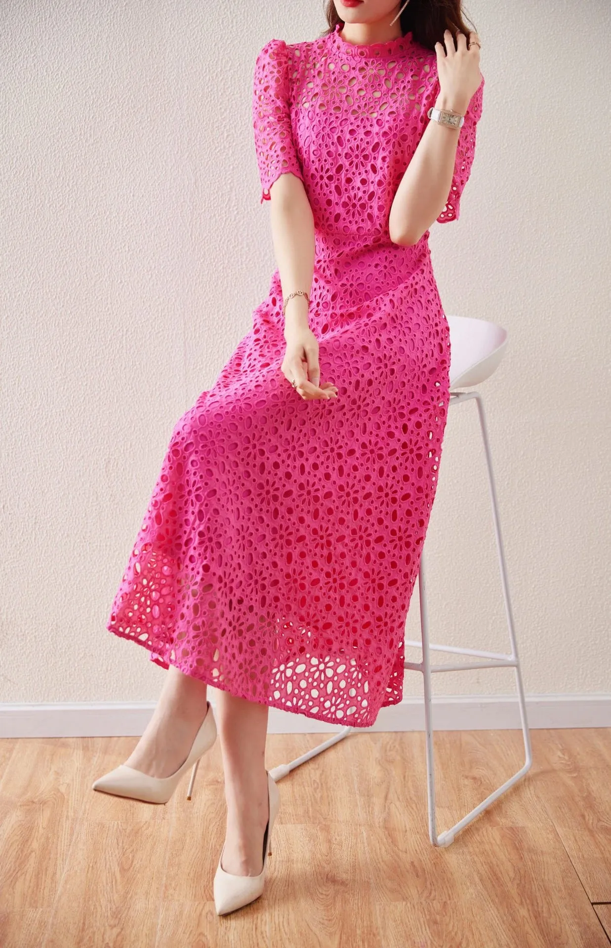 Flash Sale Lace Embordered Short Sleeve Hollow Out Elegant Midi Dress  Limited Release!