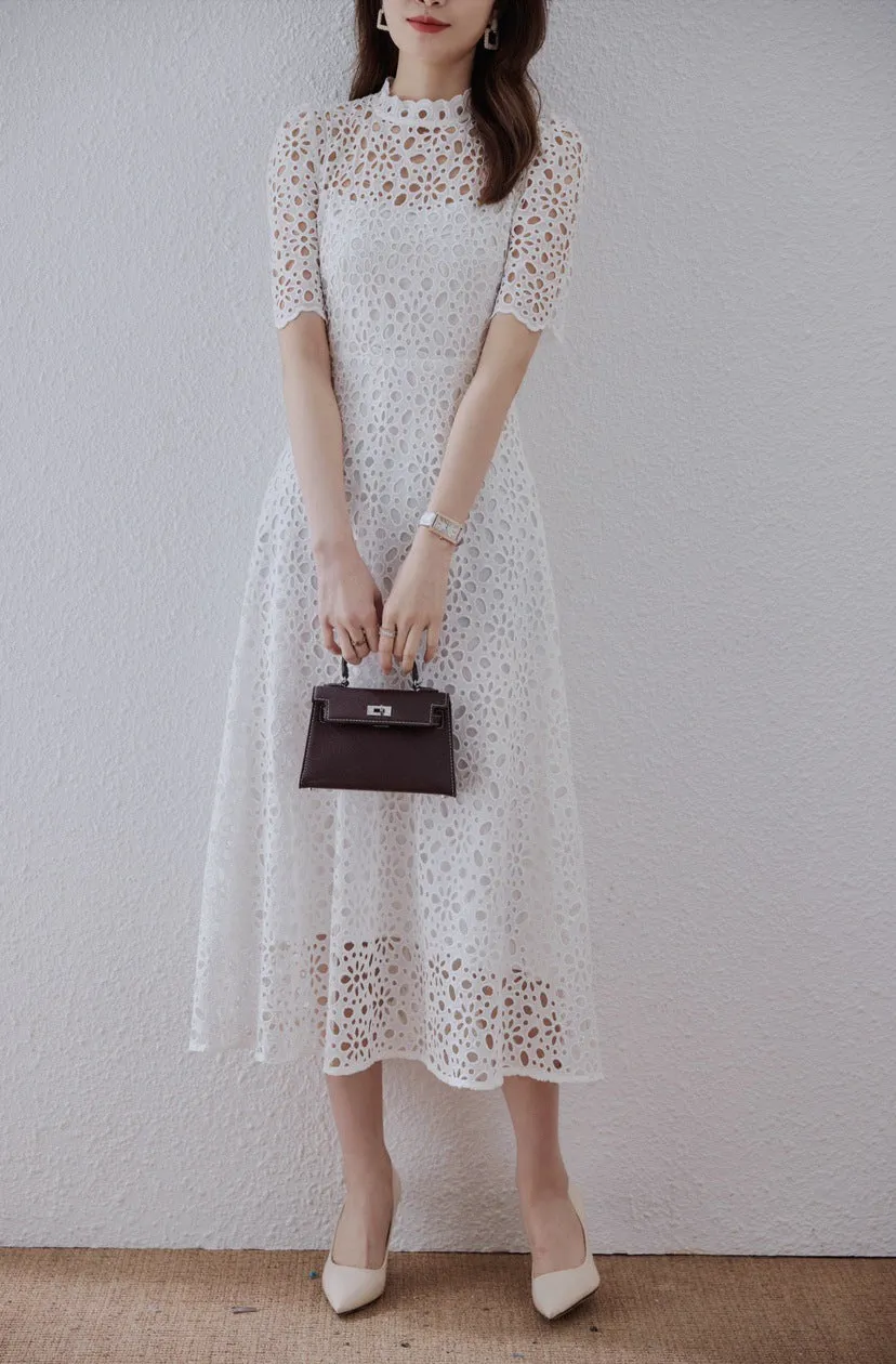 Flash Sale Lace Embordered Short Sleeve Hollow Out Elegant Midi Dress  Limited Release!
