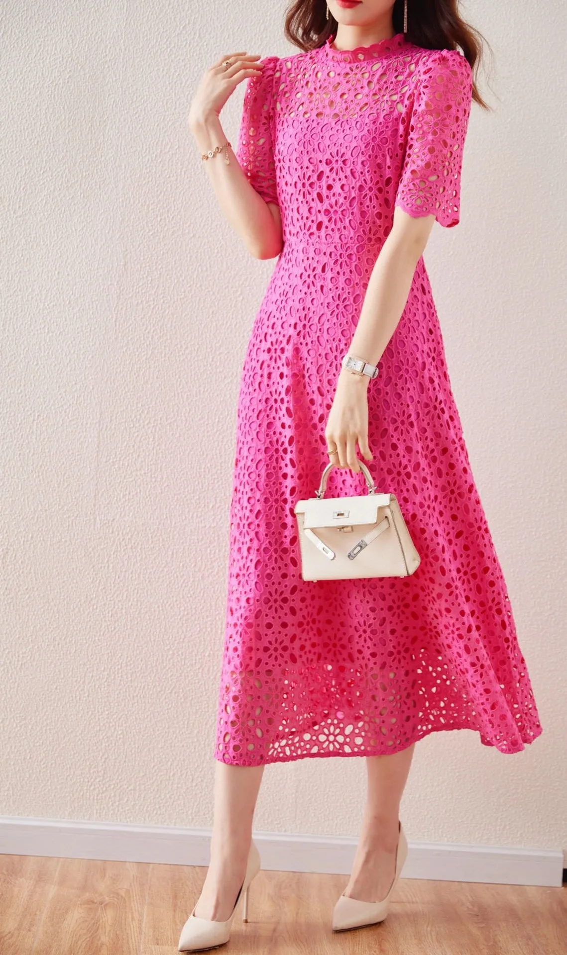 Flash Sale Lace Embordered Short Sleeve Hollow Out Elegant Midi Dress  Limited Release!