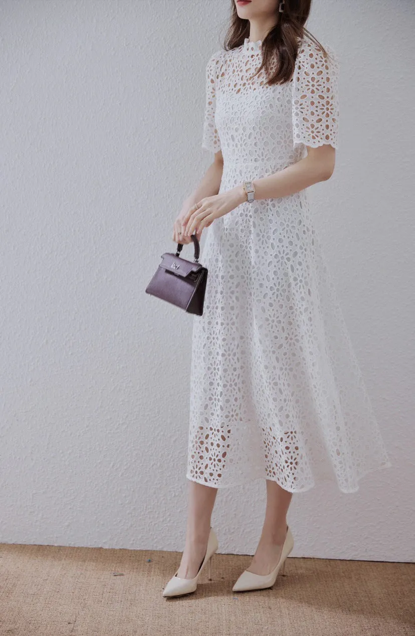 Flash Sale Lace Embordered Short Sleeve Hollow Out Elegant Midi Dress  Limited Release!