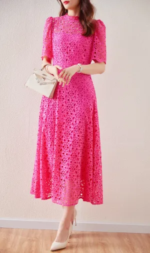 Flash Sale Lace Embordered Short Sleeve Hollow Out Elegant Midi Dress  Limited Release!