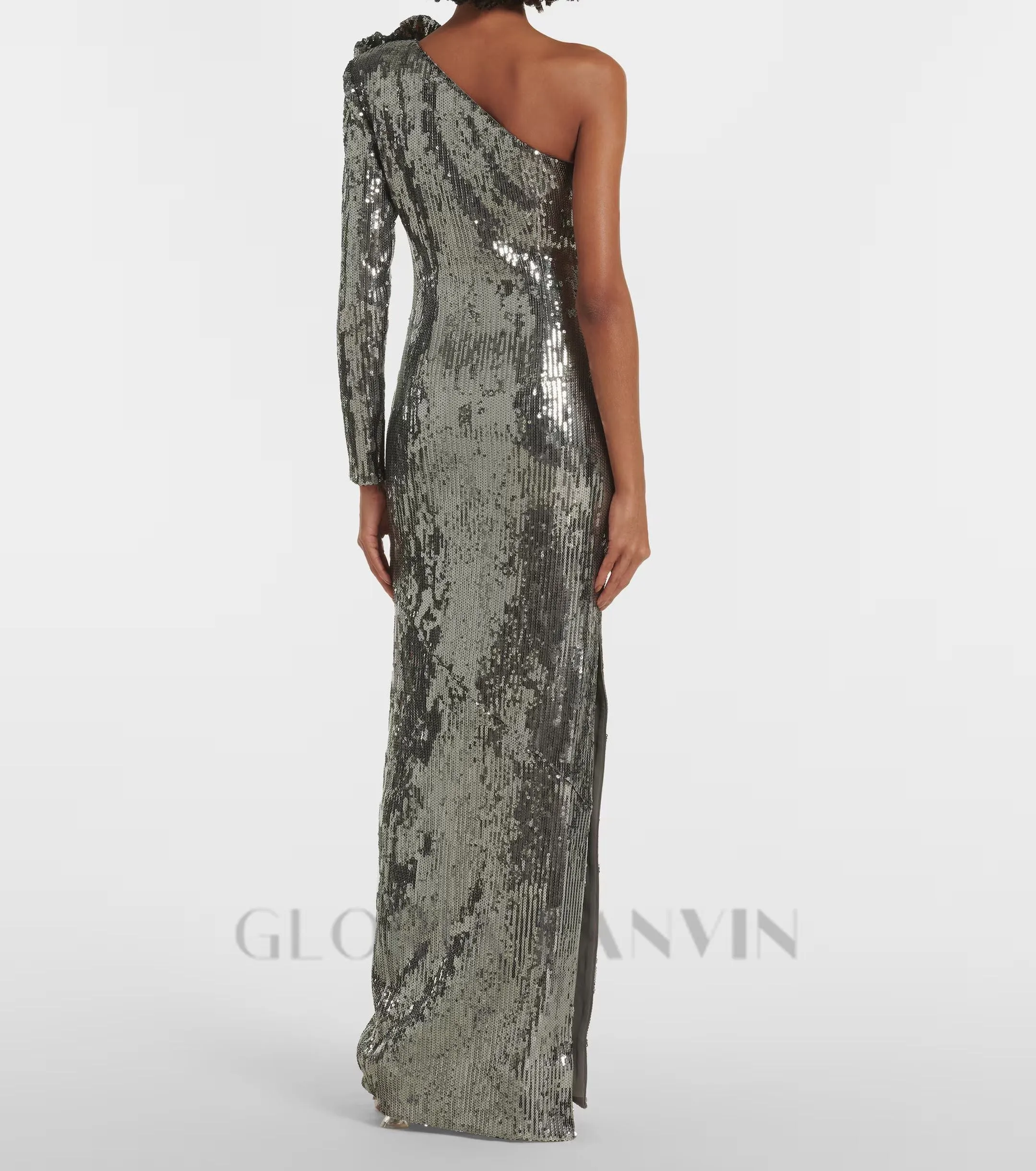 Floral-appliqu sequin gown in silver Gloria Lanvin