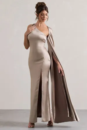 Gala | Taupe Satin One-Shoulder Cape Sleeve Split Maxi Dress Club L London