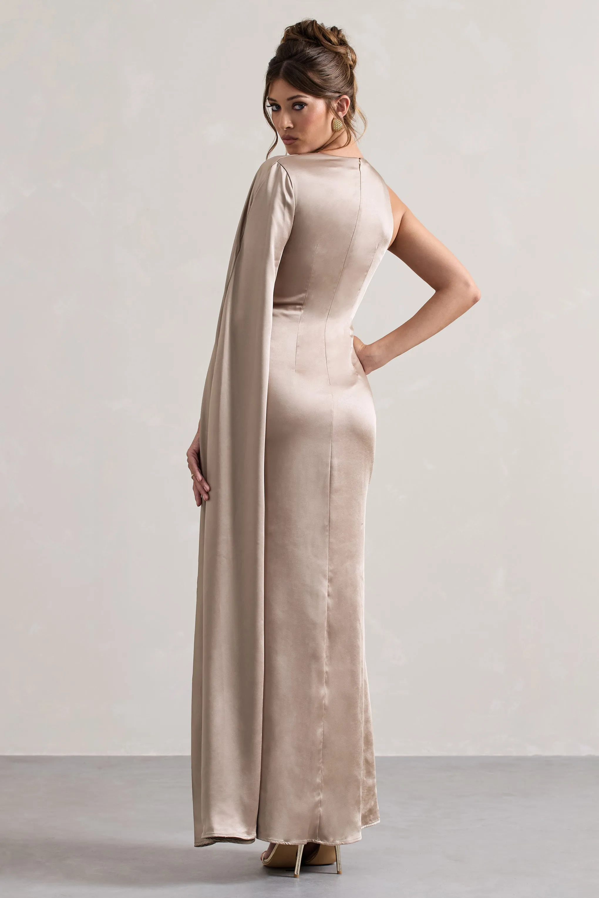 Gala | Taupe Satin One-Shoulder Cape Sleeve Split Maxi Dress Club L London