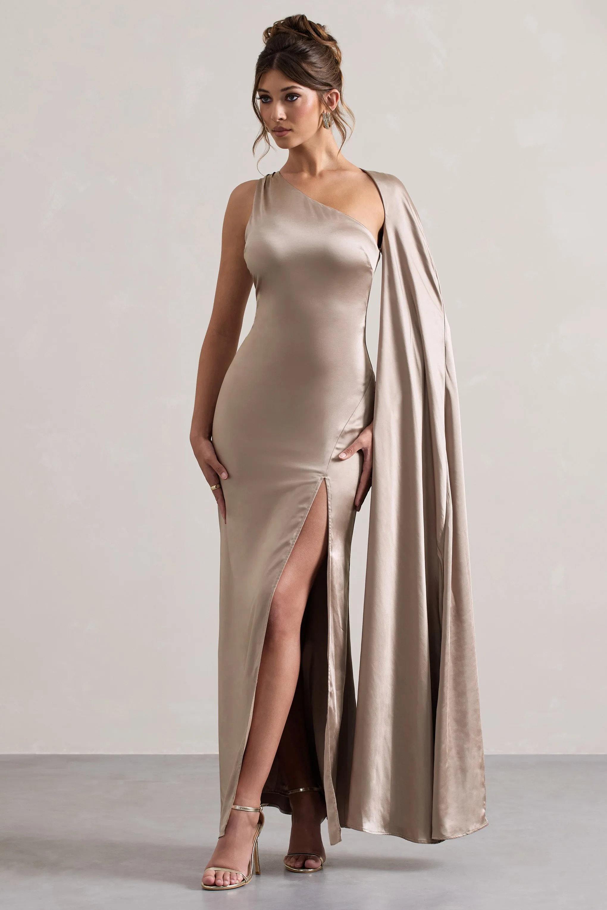 Gala | Taupe Satin One-Shoulder Cape Sleeve Split Maxi Dress Club L London