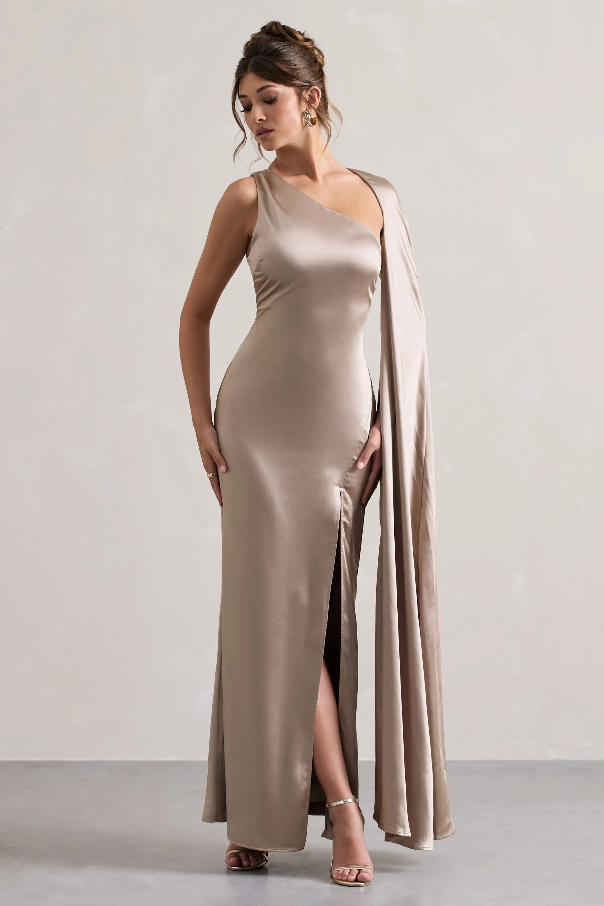 Gala | Taupe Satin One-Shoulder Cape Sleeve Split Maxi Dress Club L London