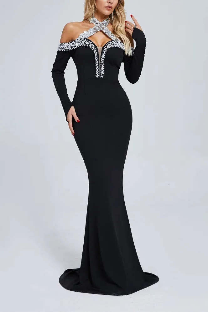 Halter Pearl Crystal-Trim Gown in black Gloria Lanvin