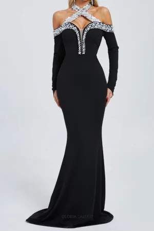 Halter Pearl Crystal-Trim Gown in black Gloria Lanvin