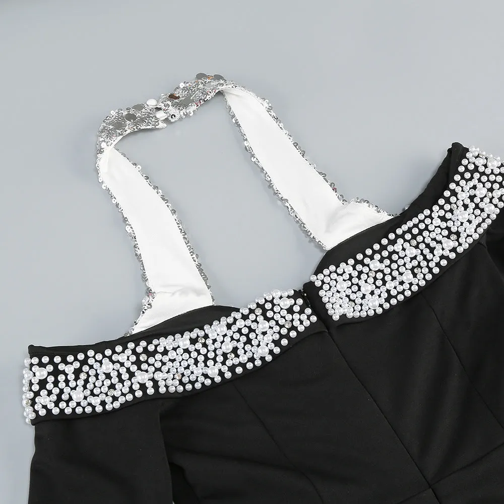 Halter Pearl Crystal-Trim Gown in black Gloria Lanvin