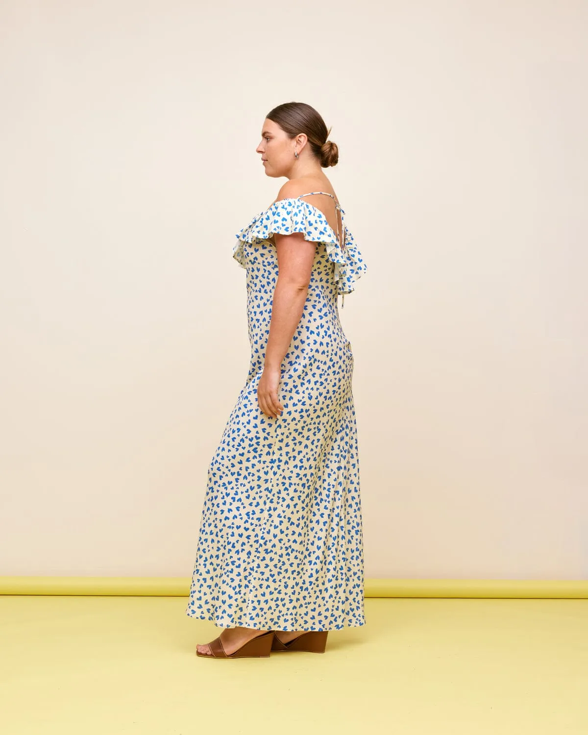 Hazel Ruffle Dress - Blue Scatter Hearts