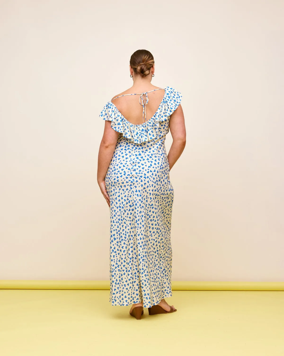 Hazel Ruffle Dress - Blue Scatter Hearts