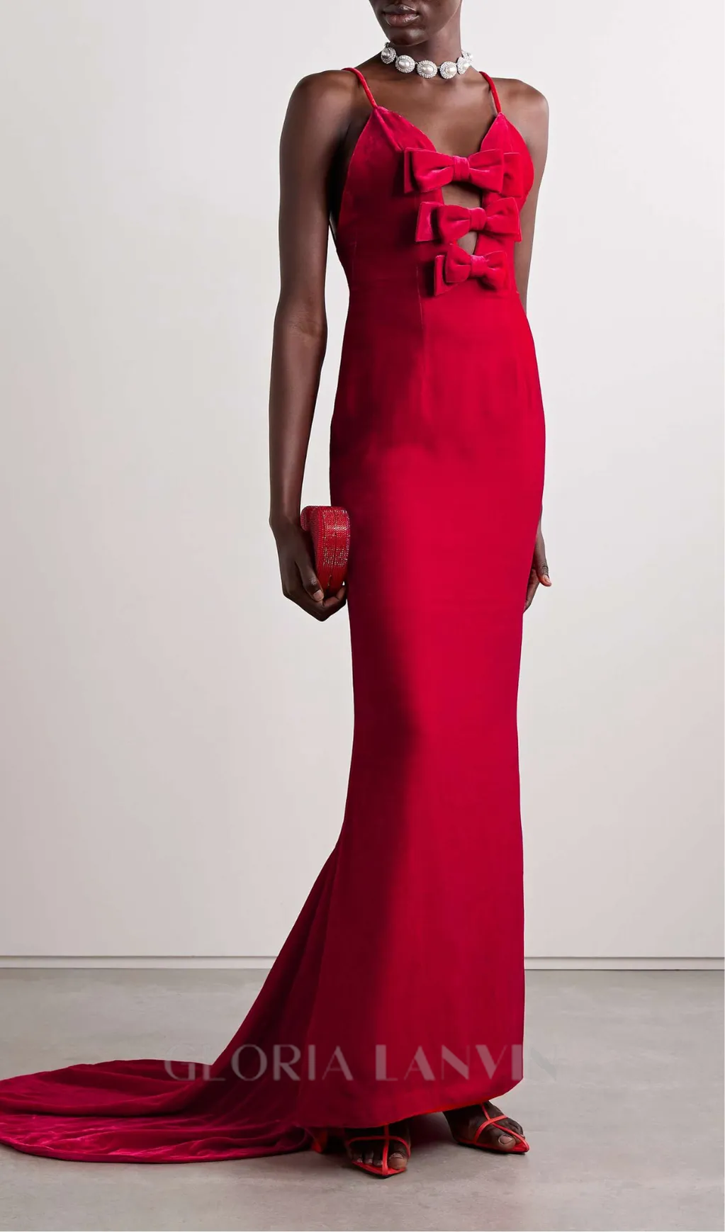 HILDA BOW-EMBELLISHED VELVET GOWN IN RED Gloria Lanvin
