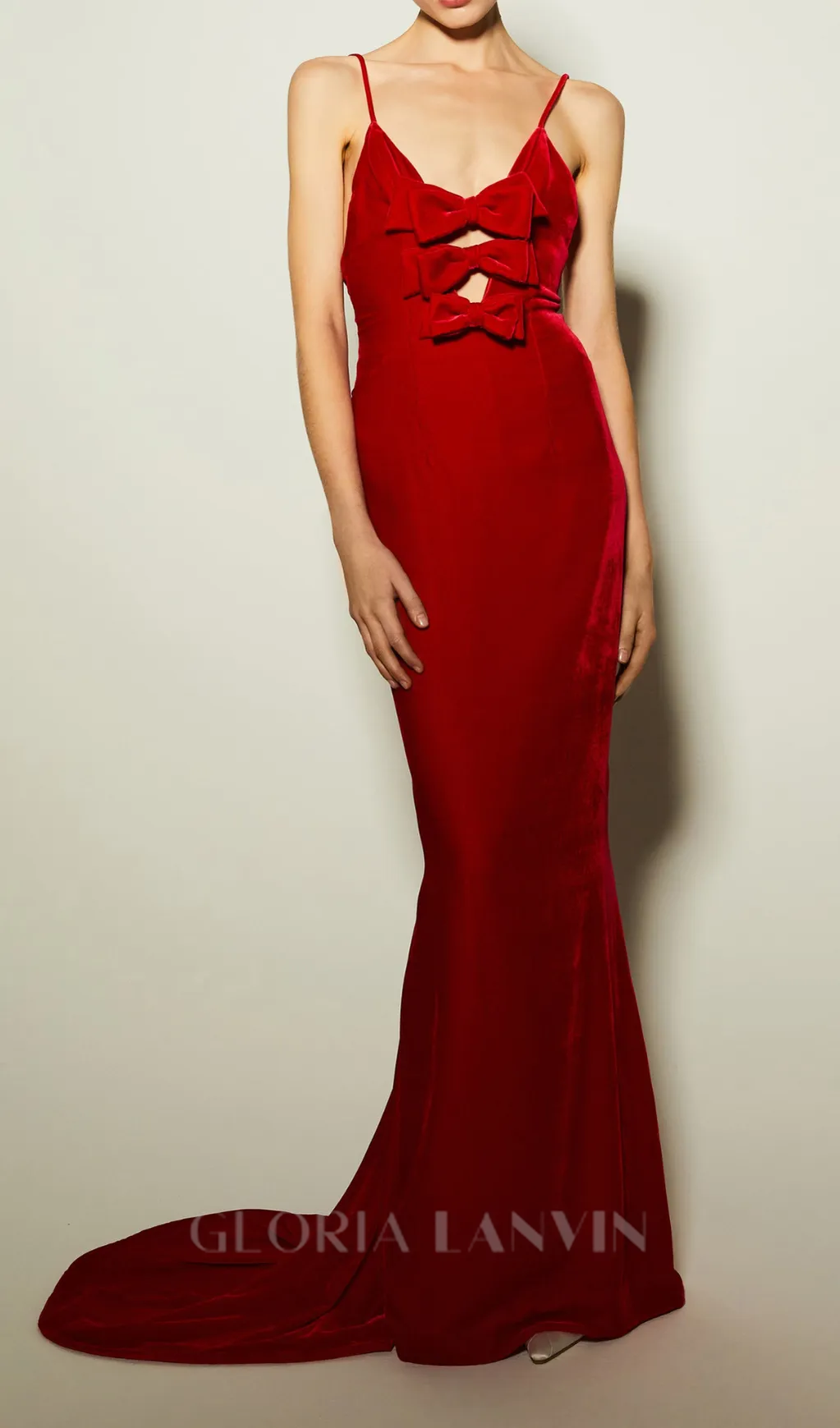 HILDA BOW-EMBELLISHED VELVET GOWN IN RED Gloria Lanvin