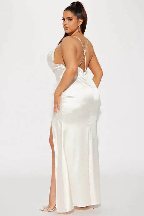 Isabella Feather Trim Satin Gown in Cream Gloria Lanvin