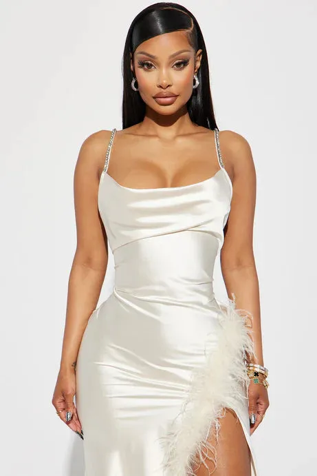 Isabella Feather Trim Satin Gown in Cream Gloria Lanvin