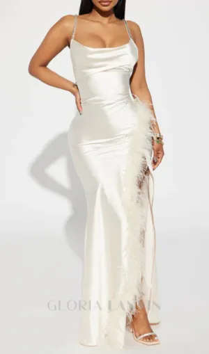 Isabella Feather Trim Satin Gown in Cream Gloria Lanvin