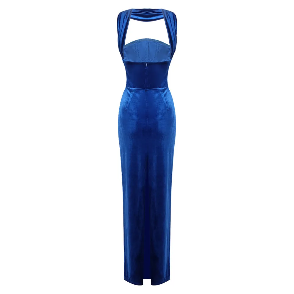 josephine off-shoulder velvet sash gown in blue Gloria Lanvin