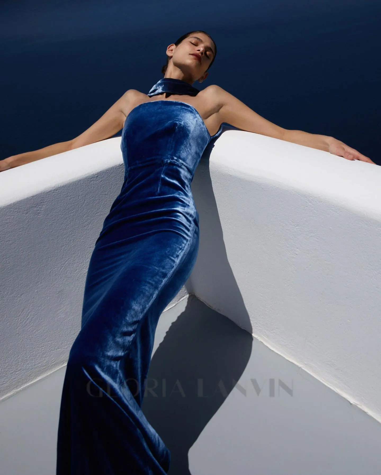 josephine off-shoulder velvet sash gown in blue Gloria Lanvin