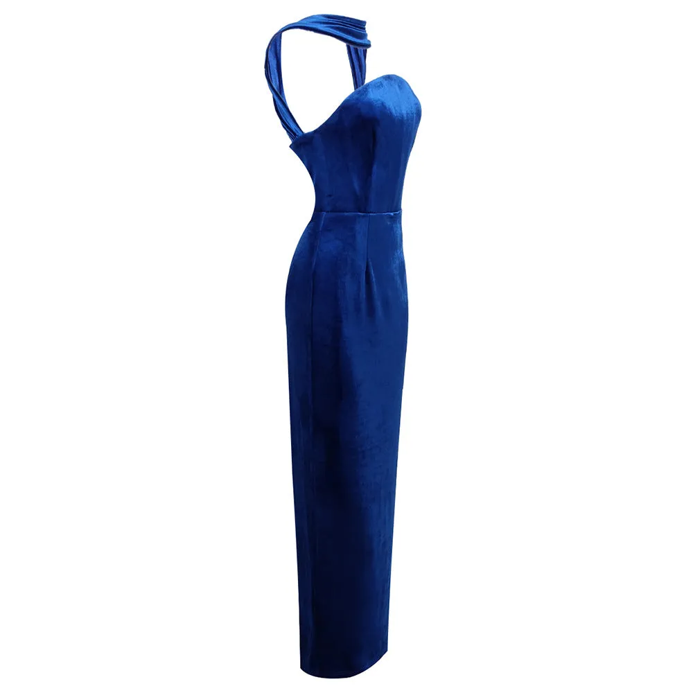 josephine off-shoulder velvet sash gown in blue Gloria Lanvin