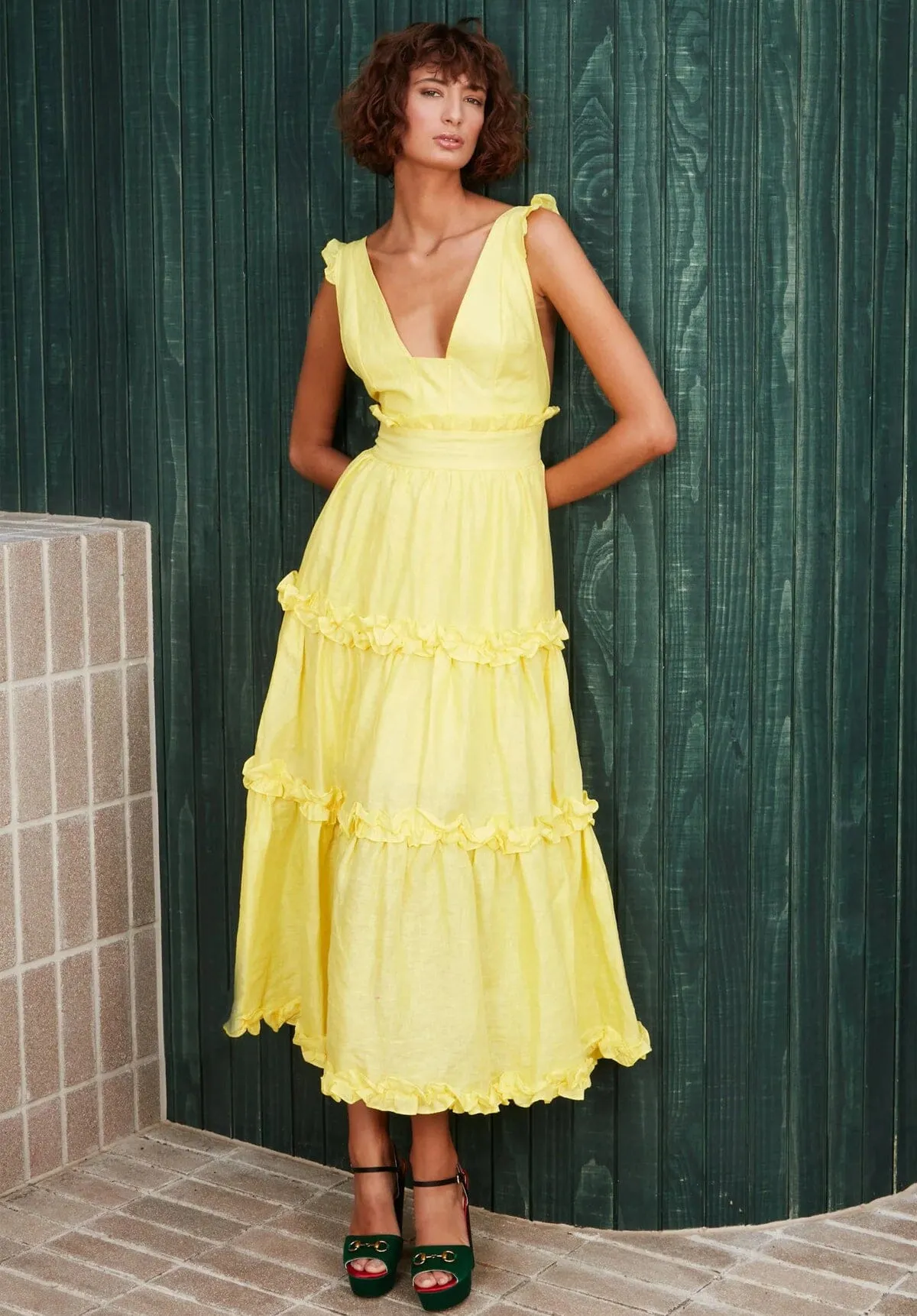 Linen Ruffle Dress - Lemon Yellow