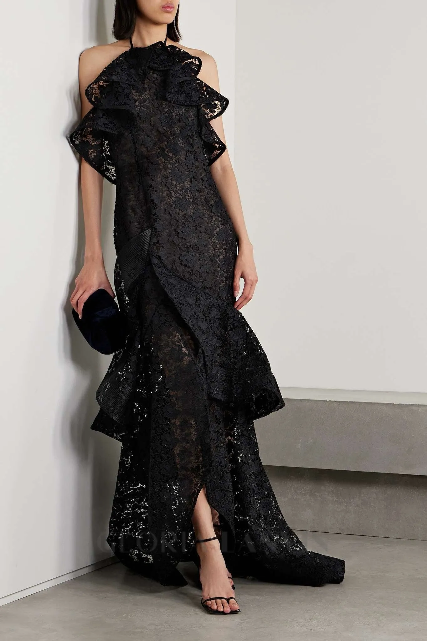 LYNN GARDENIA GUIPURE LACE RUFFLE GOWN IN BLACK Gloria Lanvin