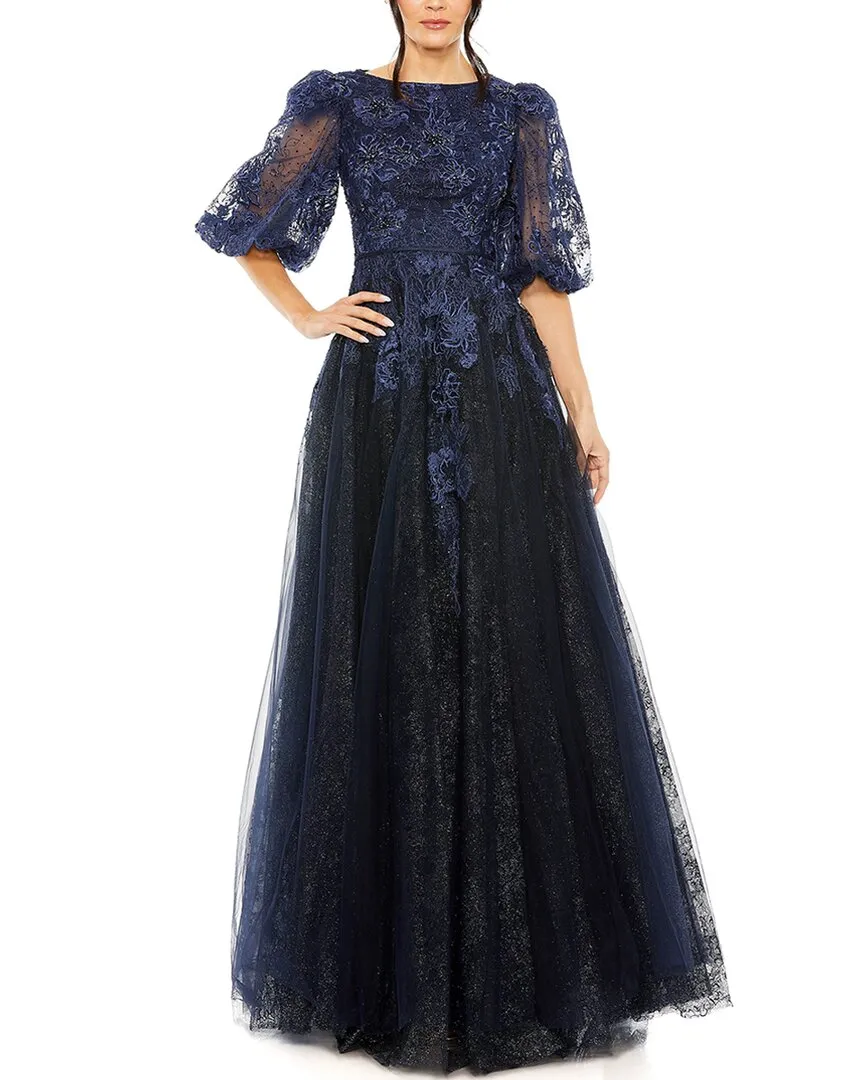 Mac Duggal High-Neck Puff Sleeve A-Line Gown