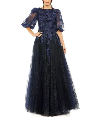 Mac Duggal High-Neck Puff Sleeve A-Line Gown