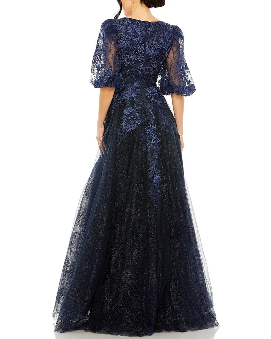 Mac Duggal High-Neck Puff Sleeve A-Line Gown