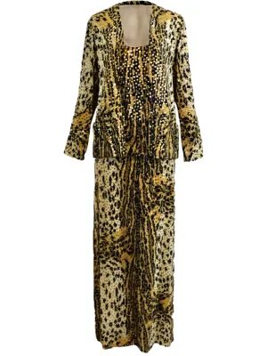 Mollie Parnis 1970's Leopard Print Gown with Sequins and Matching Jacket