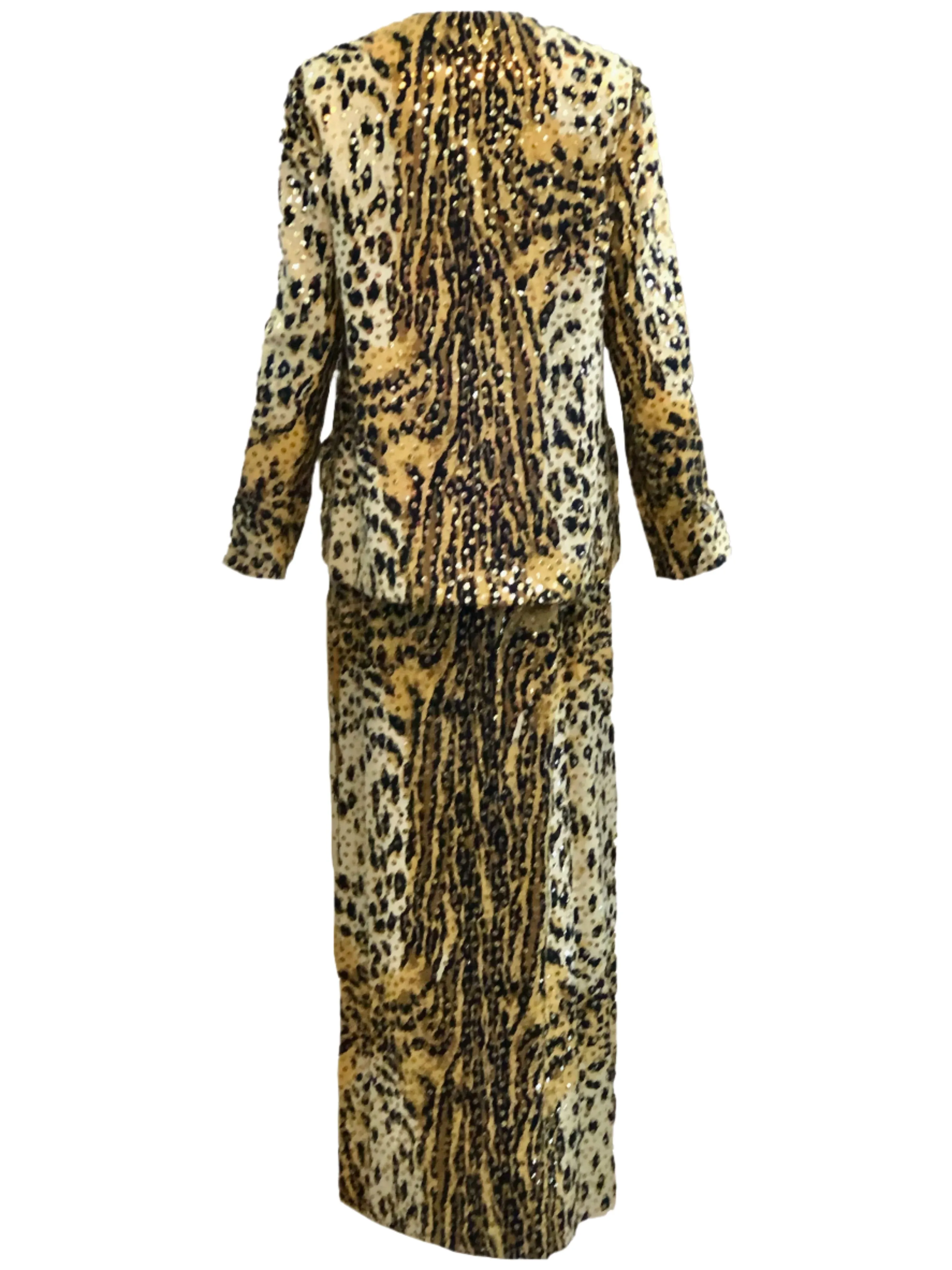 Mollie Parnis 1970's Leopard Print Gown with Sequins and Matching Jacket