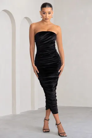 My Lady | Black Velvet Strapless Bodycon Ruched Maxi Dress Club L London
