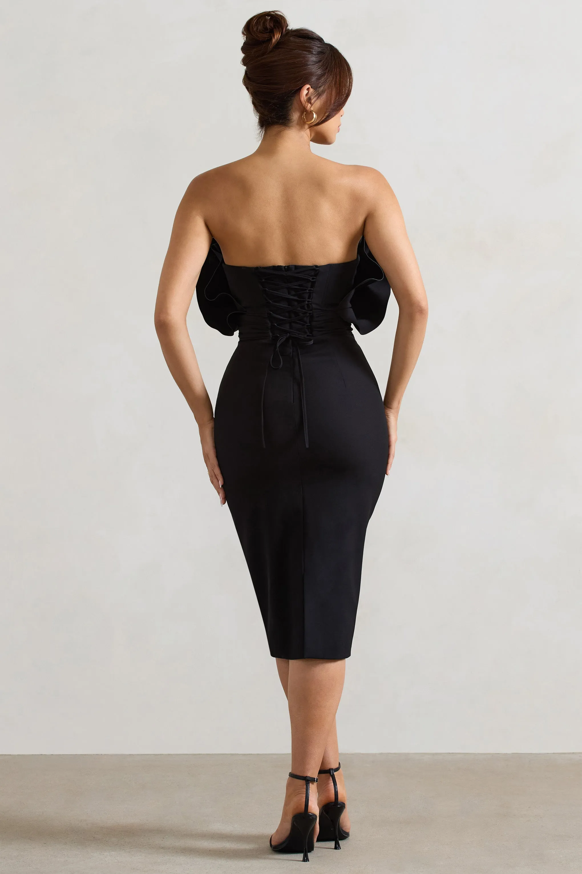 Oria | Black Ruffled Strapless Midi Dress Club L London