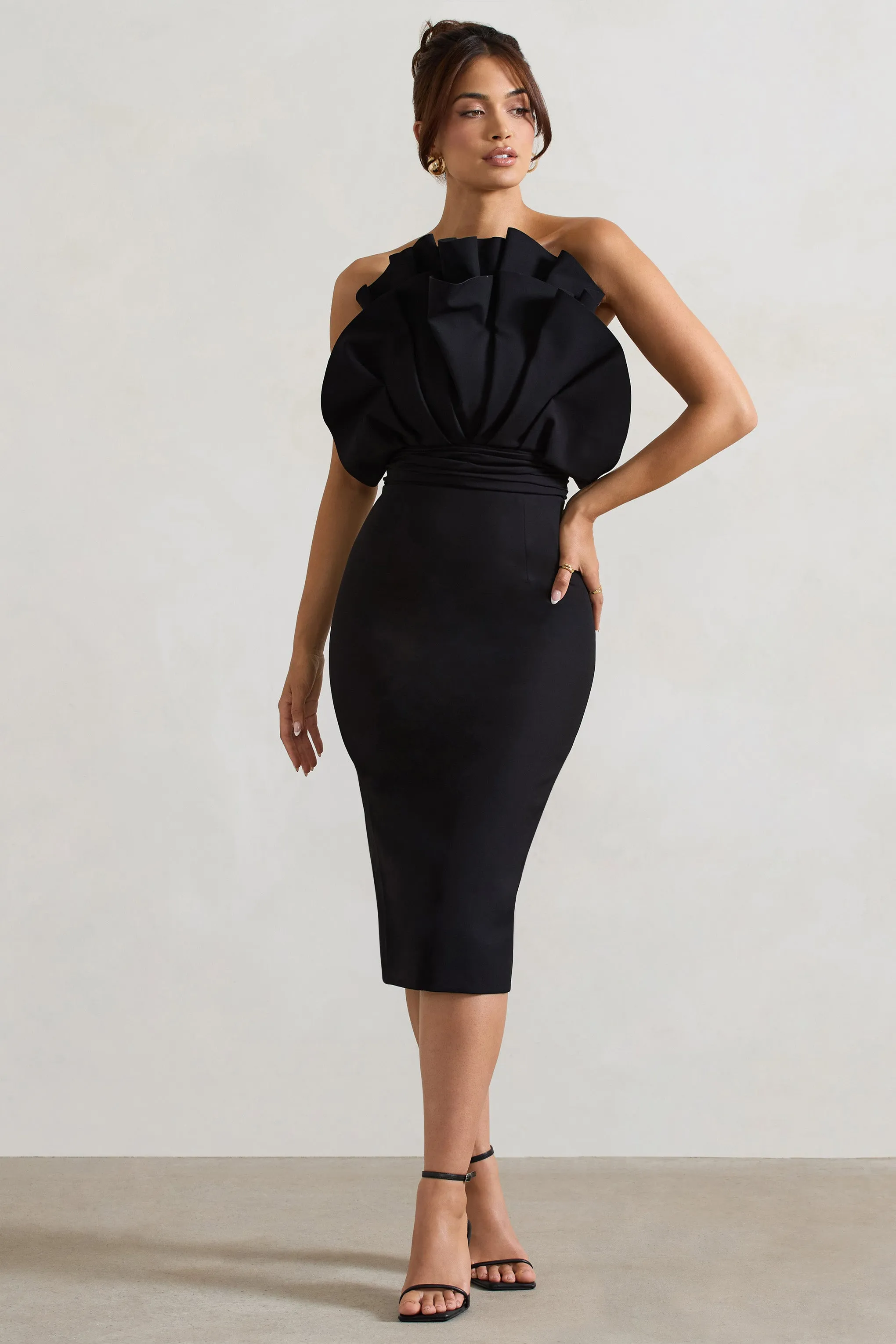 Oria | Black Ruffled Strapless Midi Dress Club L London