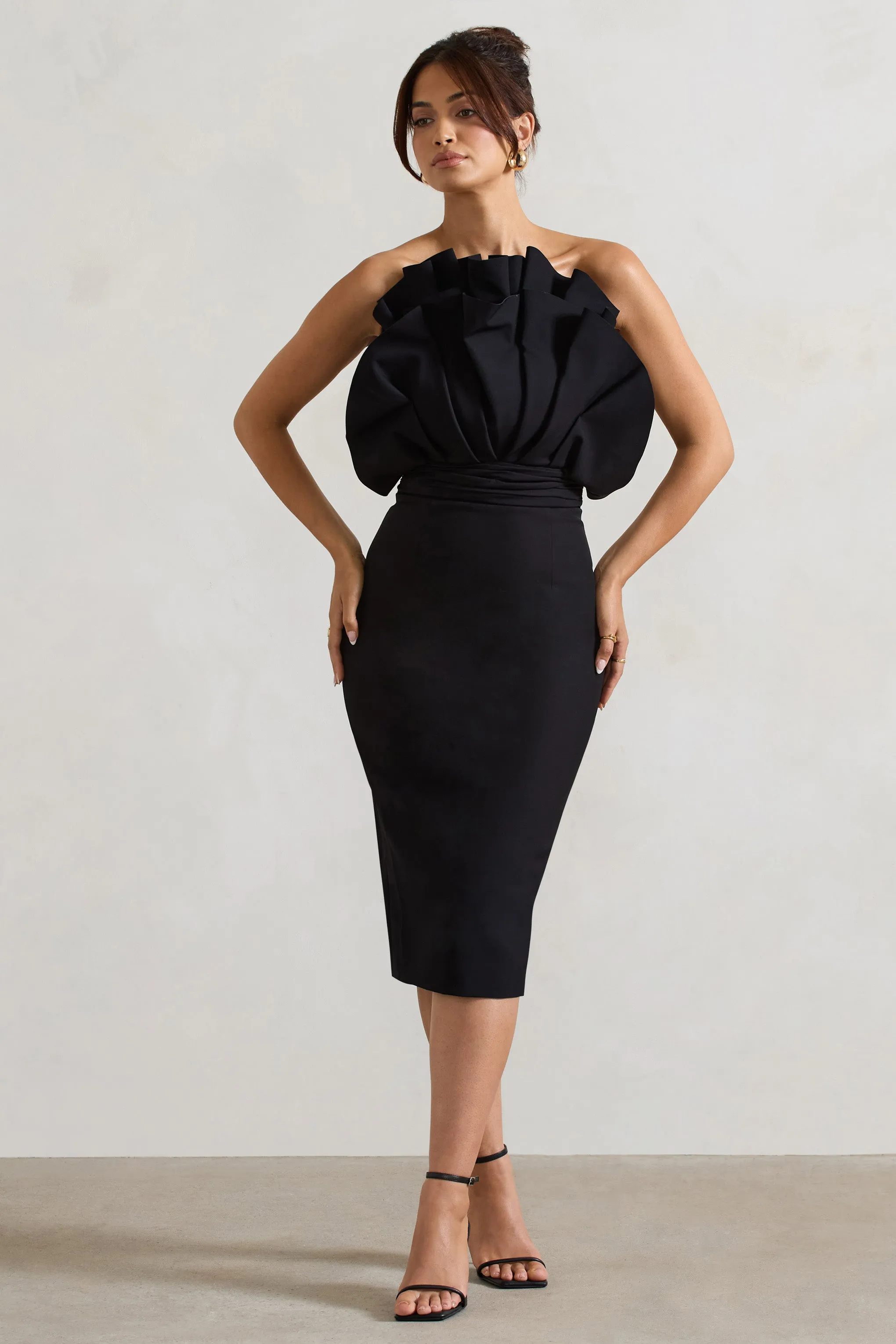 Oria | Black Ruffled Strapless Midi Dress Club L London