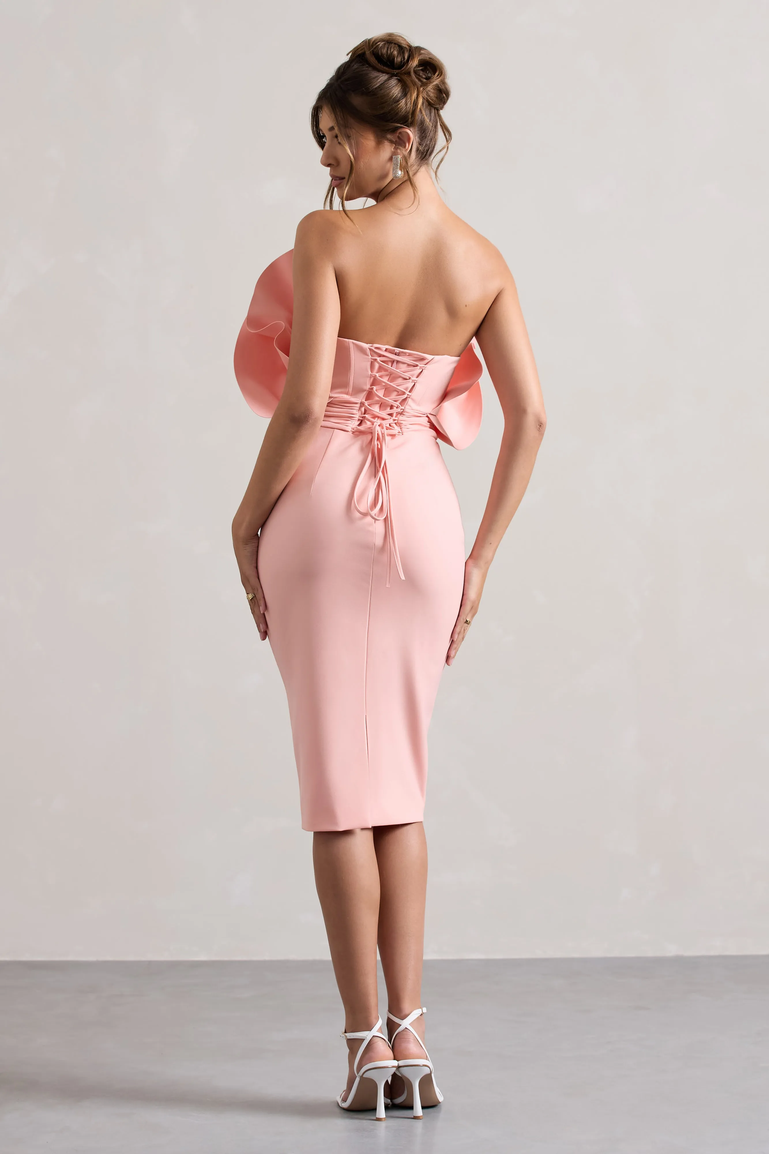 Oria | Pink Ruffled Strapless Midi Dress Club L London