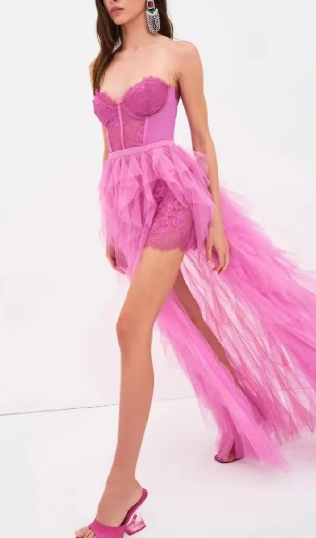 PINK STRAPLESS LACE PATCHWORK MESH MAXI DRESS Gloria Lanvin