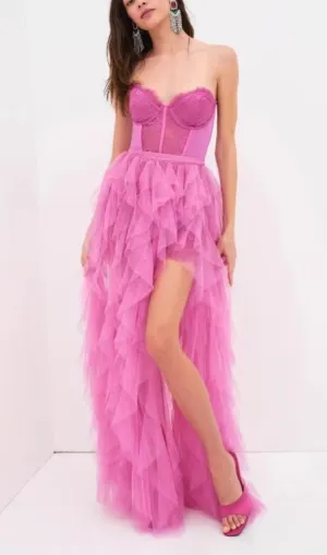 PINK STRAPLESS LACE PATCHWORK MESH MAXI DRESS Gloria Lanvin