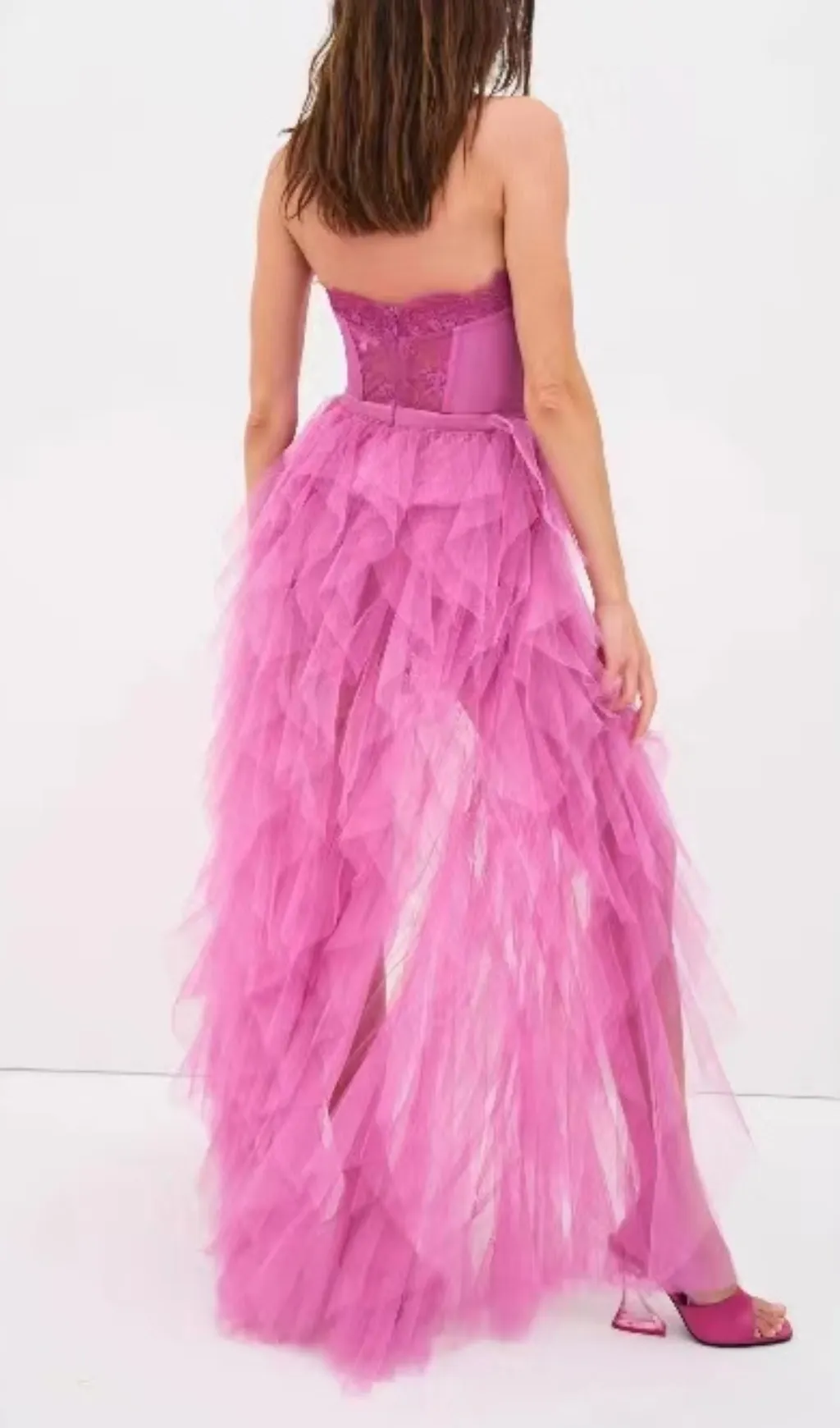 PINK STRAPLESS LACE PATCHWORK MESH MAXI DRESS Gloria Lanvin