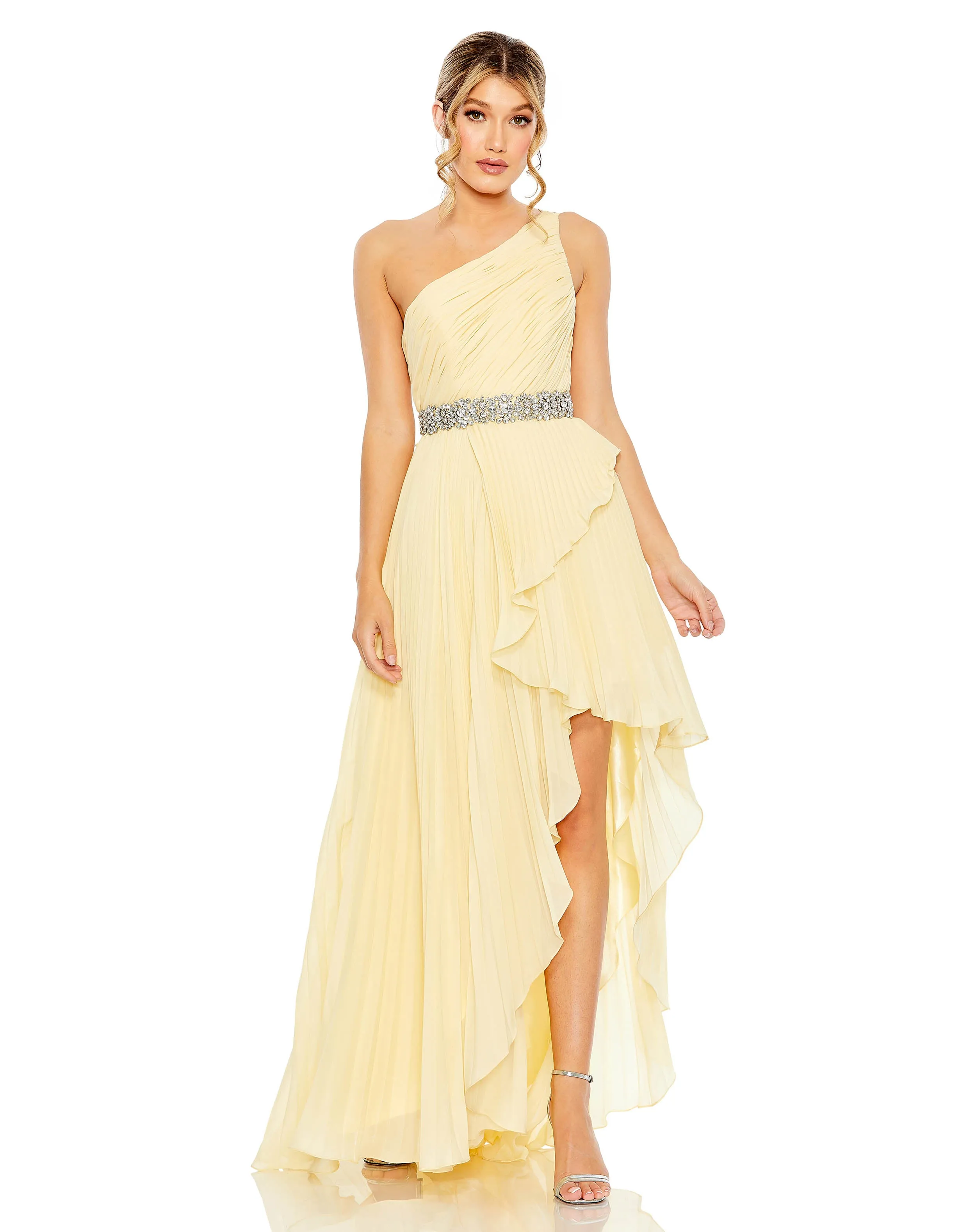 Pleated One Shoulder Asymmetrical Ruffle Hem Gown