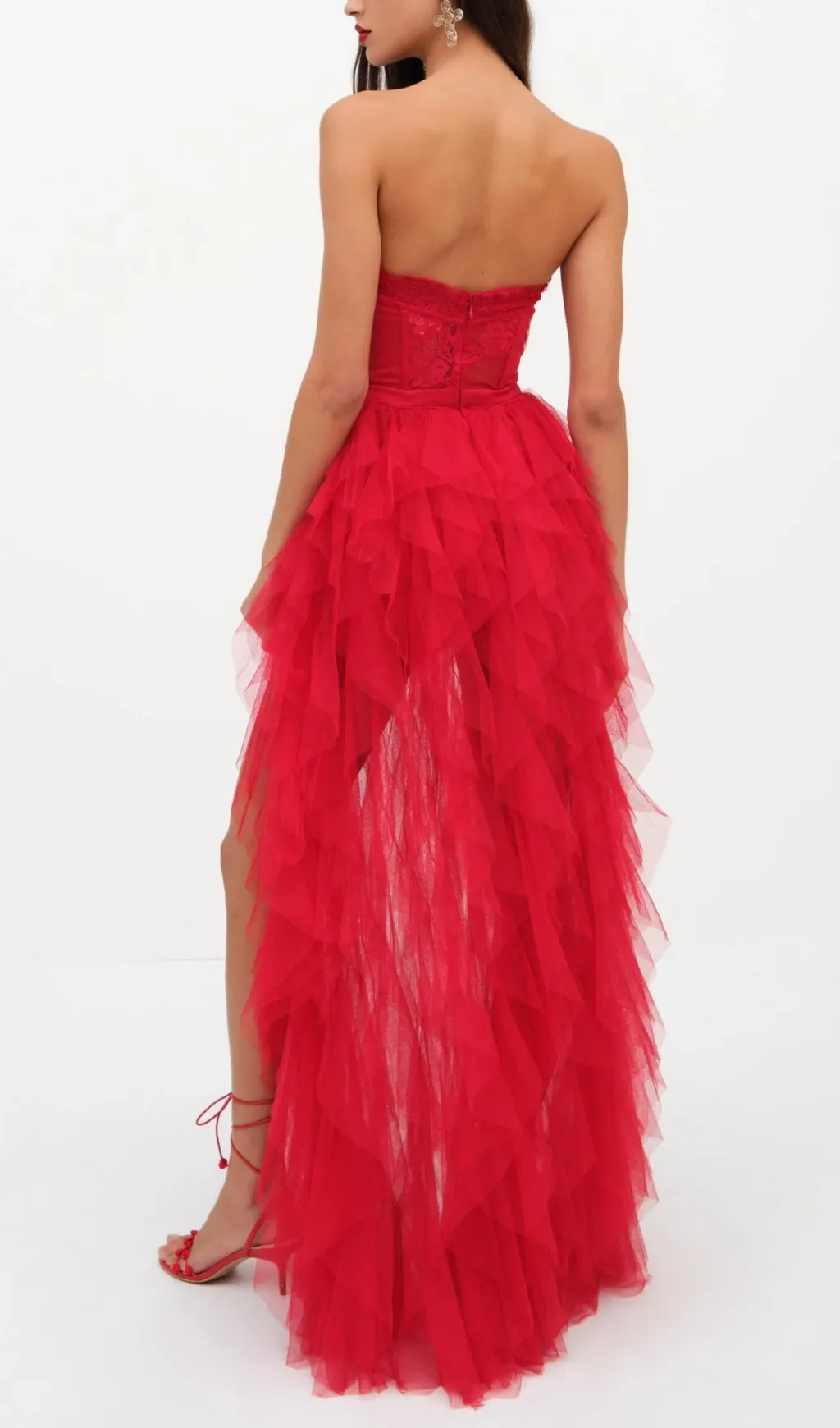 RED STRAPLESS LACE PATCHWORK MESH MAXI DRESS Gloria Lanvin
