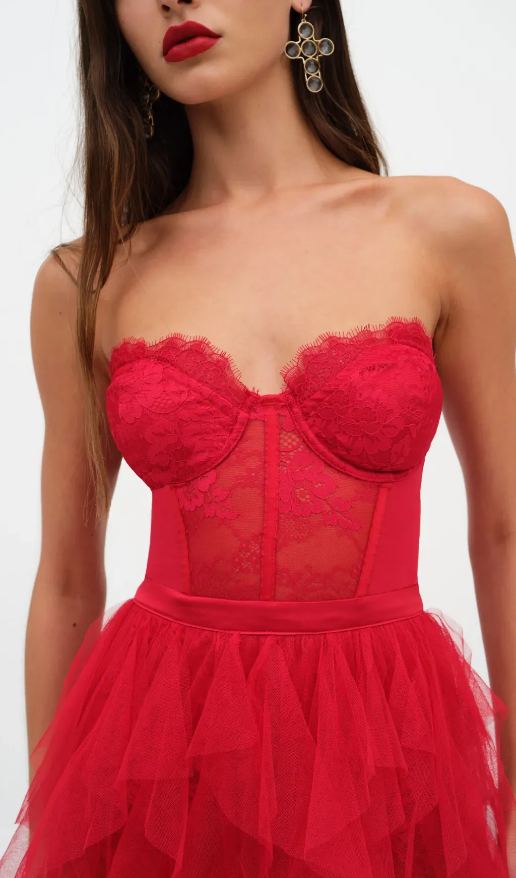 RED STRAPLESS LACE PATCHWORK MESH MAXI DRESS Gloria Lanvin