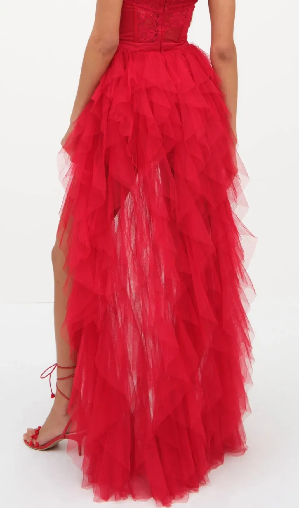 RED STRAPLESS LACE PATCHWORK MESH MAXI DRESS Gloria Lanvin