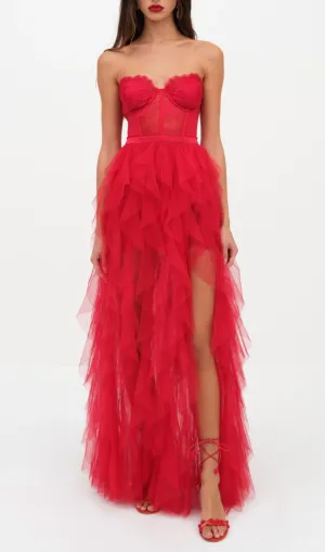 RED STRAPLESS LACE PATCHWORK MESH MAXI DRESS Gloria Lanvin