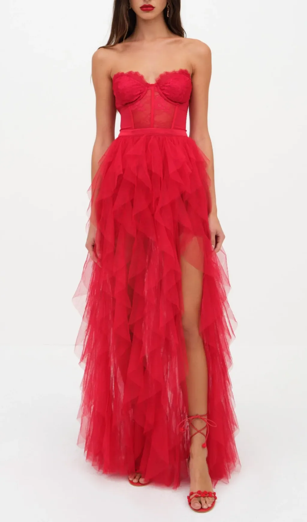 RED STRAPLESS LACE PATCHWORK MESH MAXI DRESS Gloria Lanvin