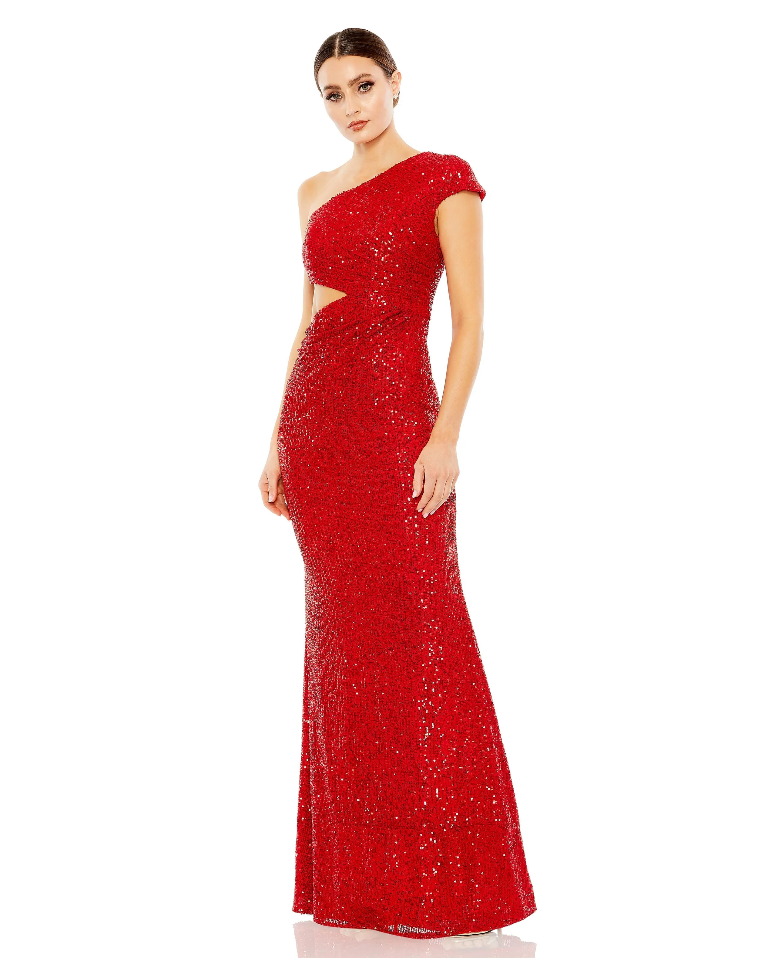 Reformation Sequined One Shoulder Cap Sleeve Cut Out Gown