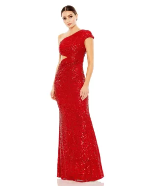 Reformation Sequined One Shoulder Cap Sleeve Cut Out Gown