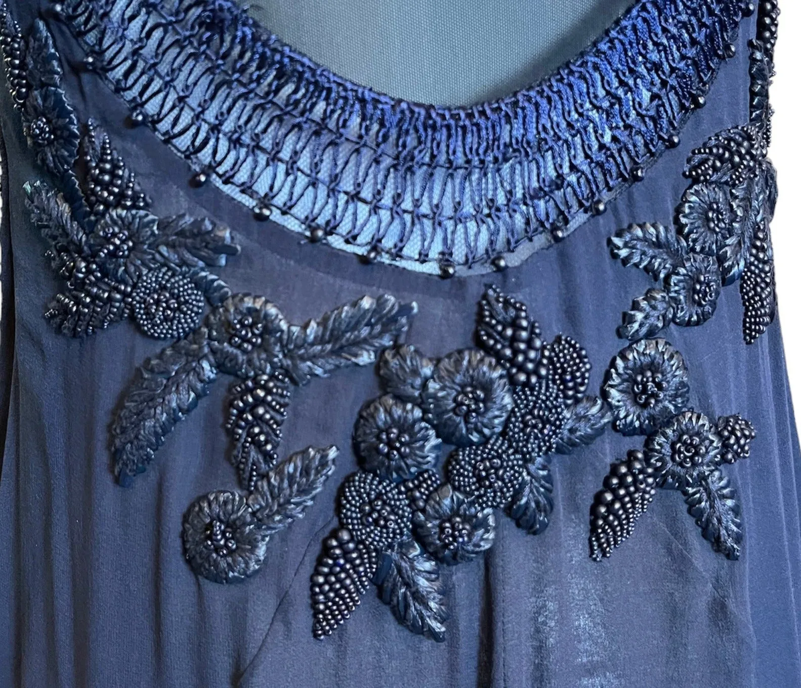 Roberto Cavalli 2000s Stunning Midnight Blue Sheer Mesh and Chiffon Embellished Gown, NWT