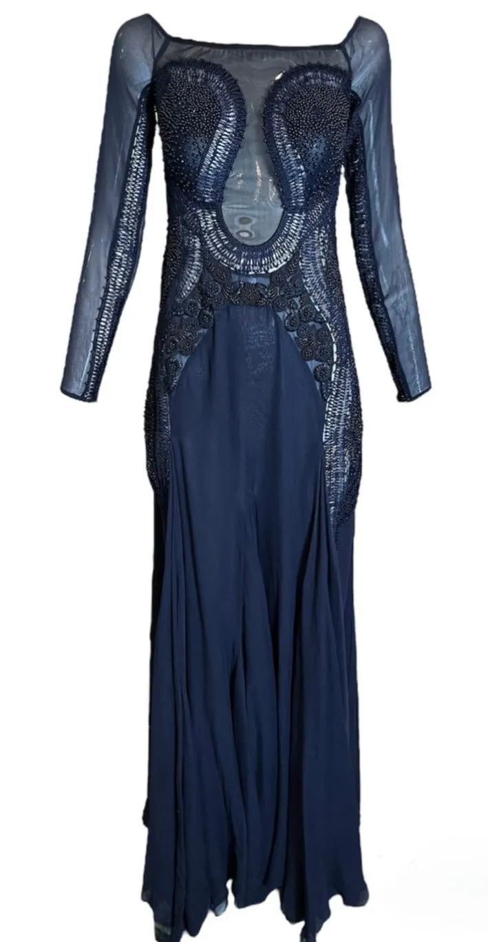 Roberto Cavalli 2000s Stunning Midnight Blue Sheer Mesh and Chiffon Embellished Gown, NWT